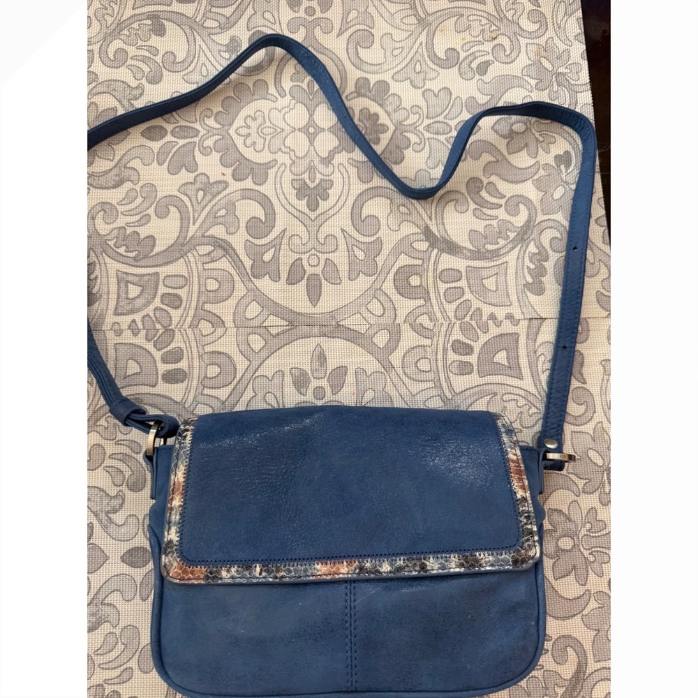 Hobo Blue Leather Crossbody Bag Snakeskin Trim Adjustable Strap